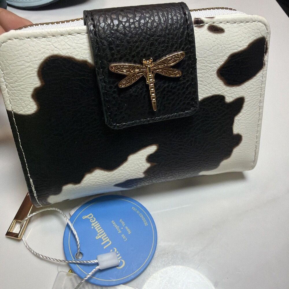 Chic Cowgirl Rodeo Cow Print Wallet NWT Gold Dragonfly Zip Around Bifold - Picture 7 of 9